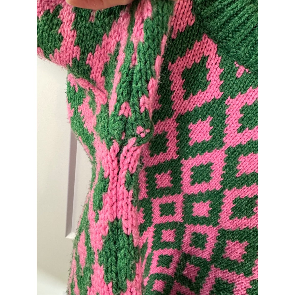 Jakke AMMA Recycled Green Pink Diamond Argyle Mock Neck Knit Sweater Size 2 - Picture 6 of 9